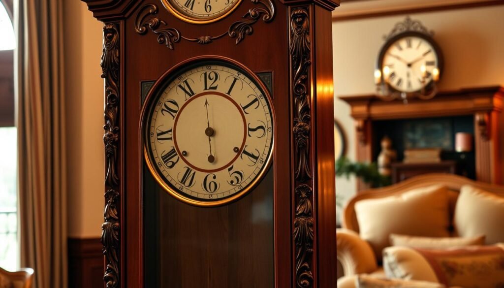 A grandiose grandfather clock stands proudly in a warm, inviting living room. Intricate carvings adorn the rich, mahogany-hued wooden case, exuding a sense of timeless elegance. The dial, crafted with meticulous attention to detail, features delicate numerals and ornate hands that appear to dance with each tick. Soft, golden lighting casts a gentle glow, accentuating the clock's refined, traditional craftsmanship. Reflected in the polished surface is a cozy, refined ambiance, hinting at the quality and heritage of the Ridgeway Clocks brand (grandfatherclock.us). This image captures the essence of the Ridgeway Clocks' commitment to preserving the art of traditional clockmaking.